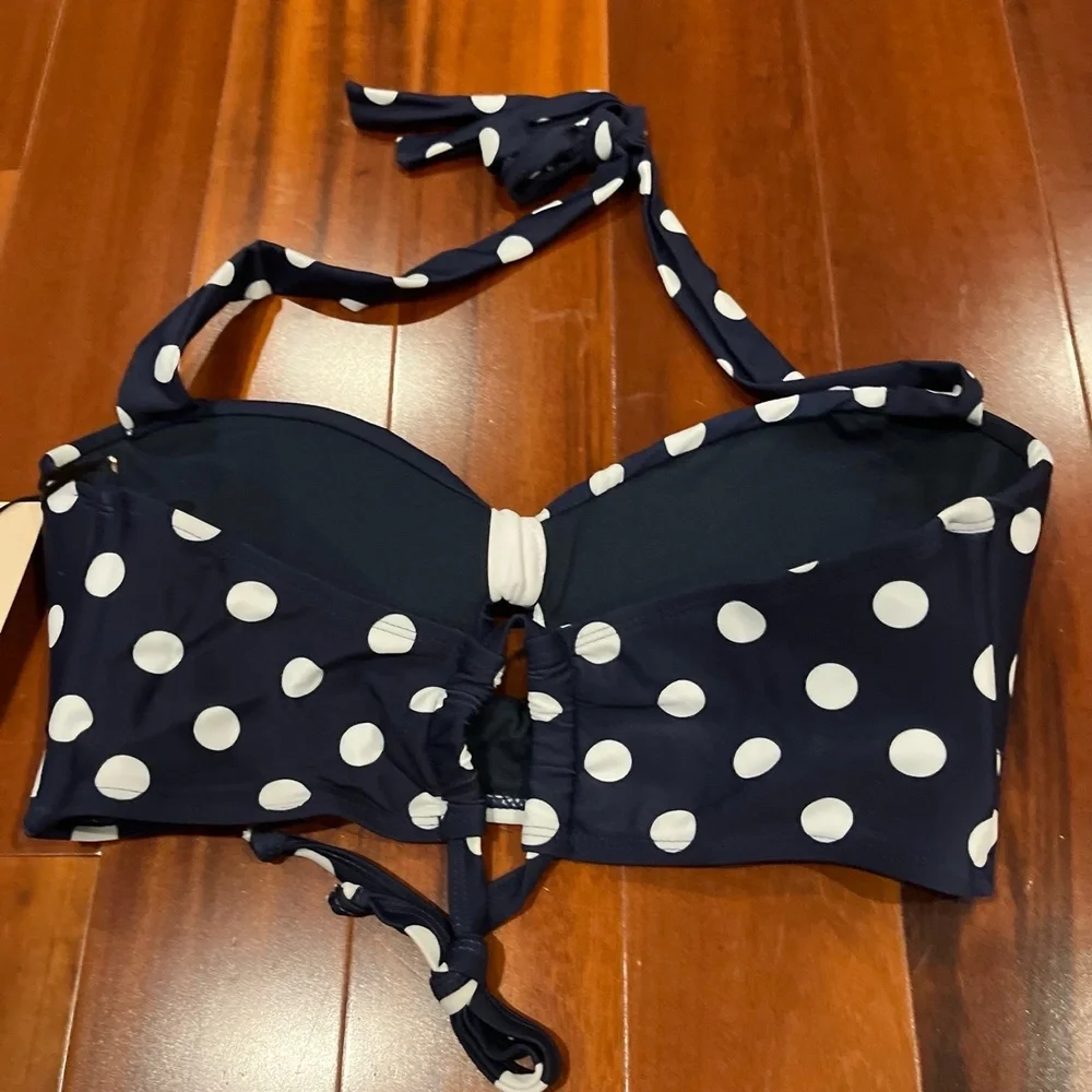 New NWT Unique Vintage Bikini Swim Top Blue White Polka Dot Sailor Bow‎ Sz Large - Picture 3 of 4